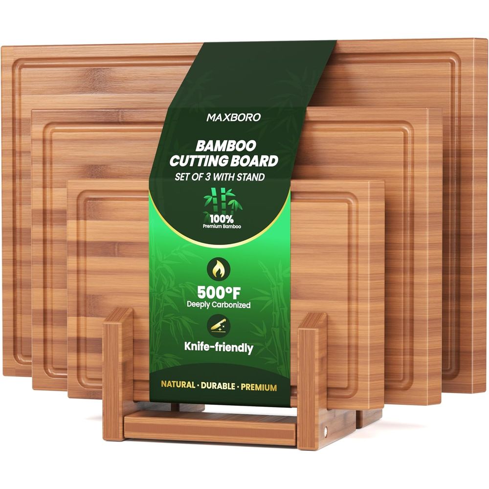 Bamboo Cutting Board - Dreiseitiges Bambus-Schneidebrett-Set mit Ständer, Perfekt für